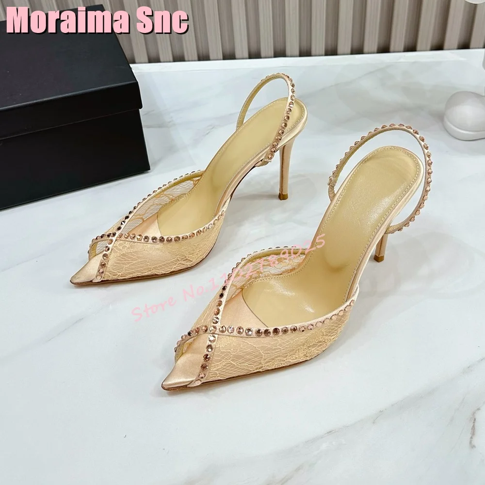 

Sexy Crystal Detailling Lace Peep Toe Sandals for Women Pointed Toe Stiletto High Heels Slingback Ladies Shoes Summer Banquet