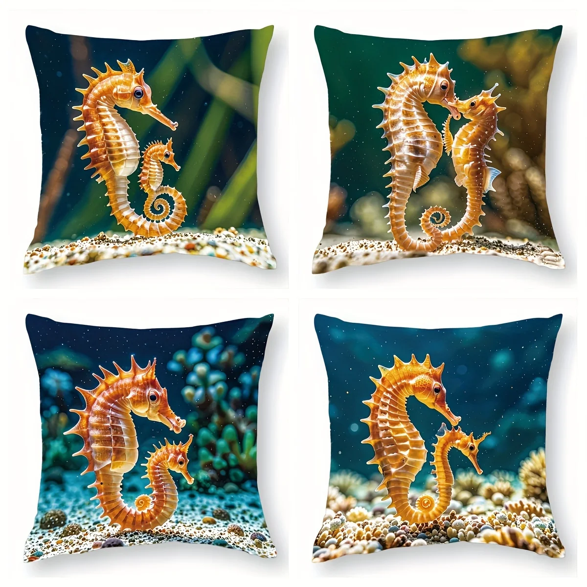 Decorative Seahorse Pillow Covers Set 4pcs Ocean Marine Life Cushion Throw Pillowcase 40x40cm Tropical Aquarium Decor