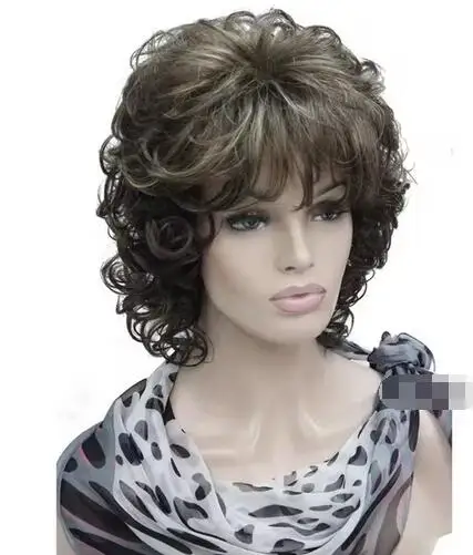 5Color Women Short Dark Brown & Blonde Curly Natural wig Capless Layered Synthetic Hair Wigs