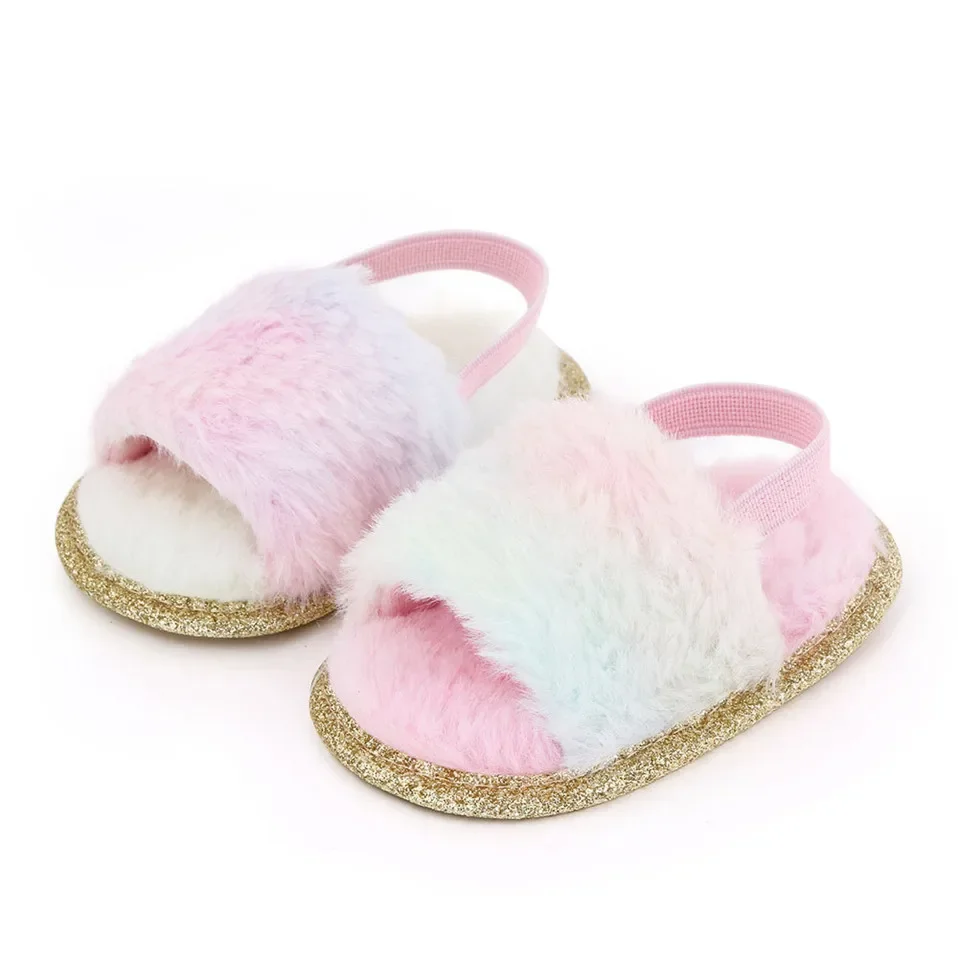 Scarpe da culla in peluche per bambina da bambino Pantofole prewalker con suola morbida in pelliccia sintetica con cinturino posteriore elastico