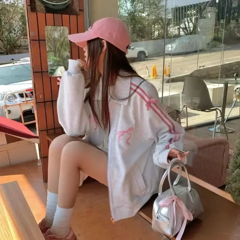 2 Piece Skirt Sets Female Y2k Clothing Zipper Bow Sweet Korean Fashion Hoodie Suits Women Studentseven Party Outwear 2024