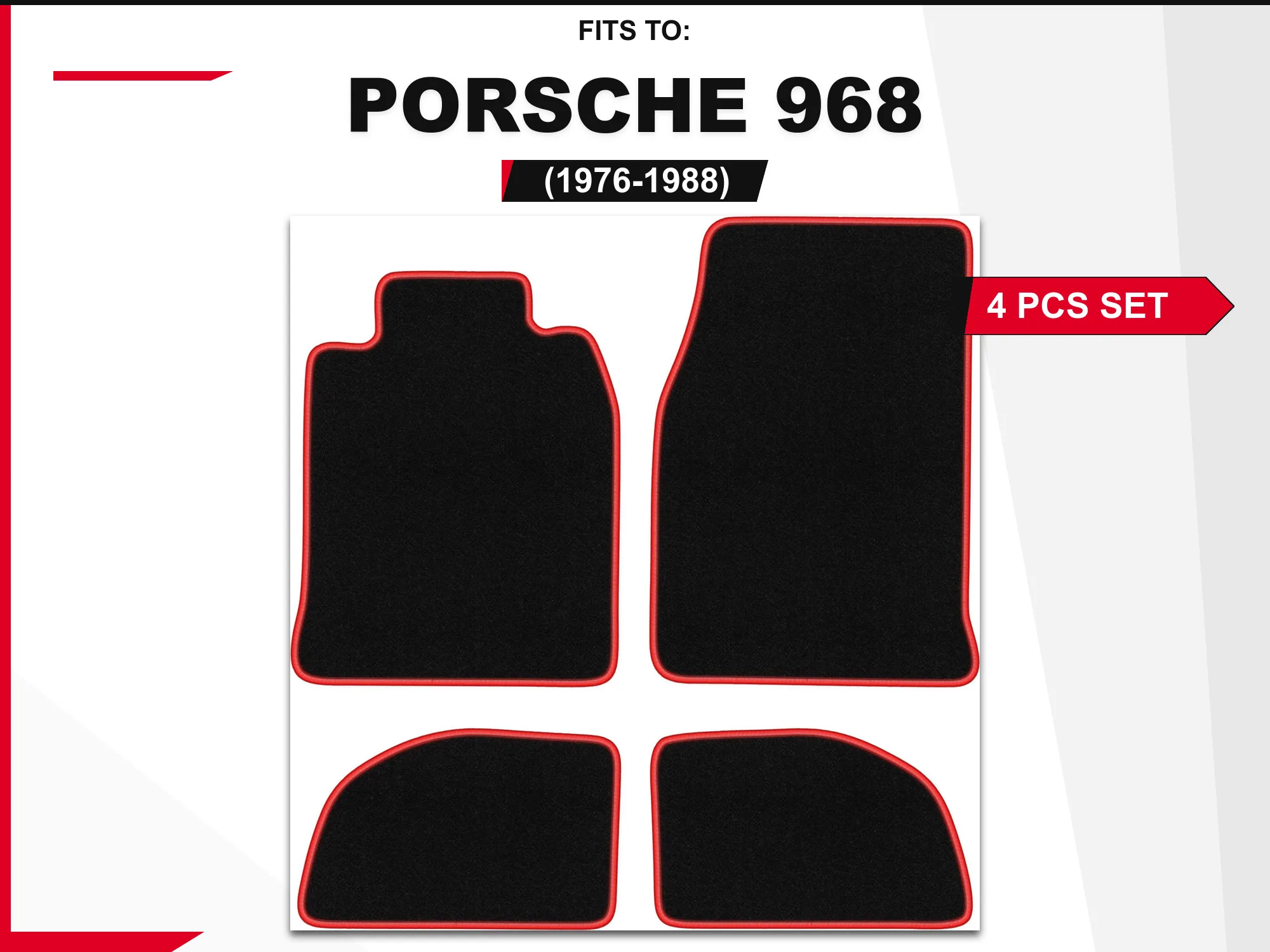 Velourstapijten voor: Porsche 968 1976-1988 Coupé Zwart en Rood, bijpassende set auto-vloerbedekking