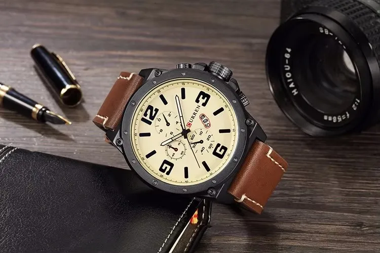 CURREN 8230 Men Quartz Watch Fashion Unique Outdoor Brown Black Leather Strap Wristwatch for Male Gift Chronograph Not Available