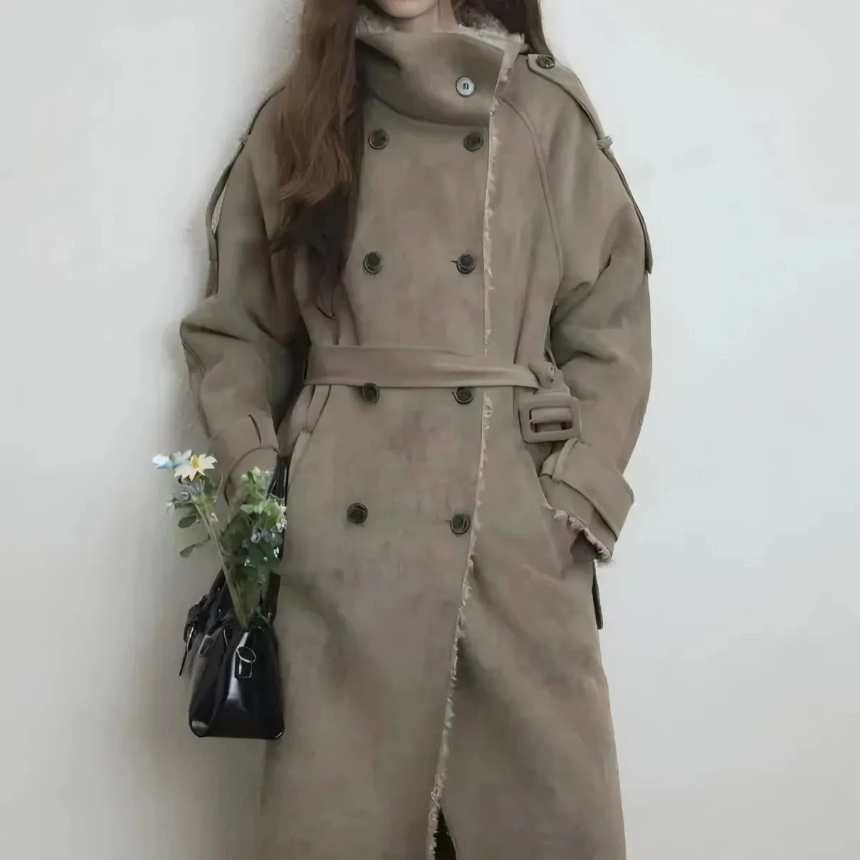 Womens Long Belted Faux Suede Shearling Trench Coat Stand Collar Double Breasted Winter Jacket