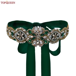 TOPQUEEN-cinturones de vestido de novia para mujer, apliques de diamantes de imitación dorados, Piedras verdes, accesorios de boda, faja de fiesta, cinturón de Joya, S433-G