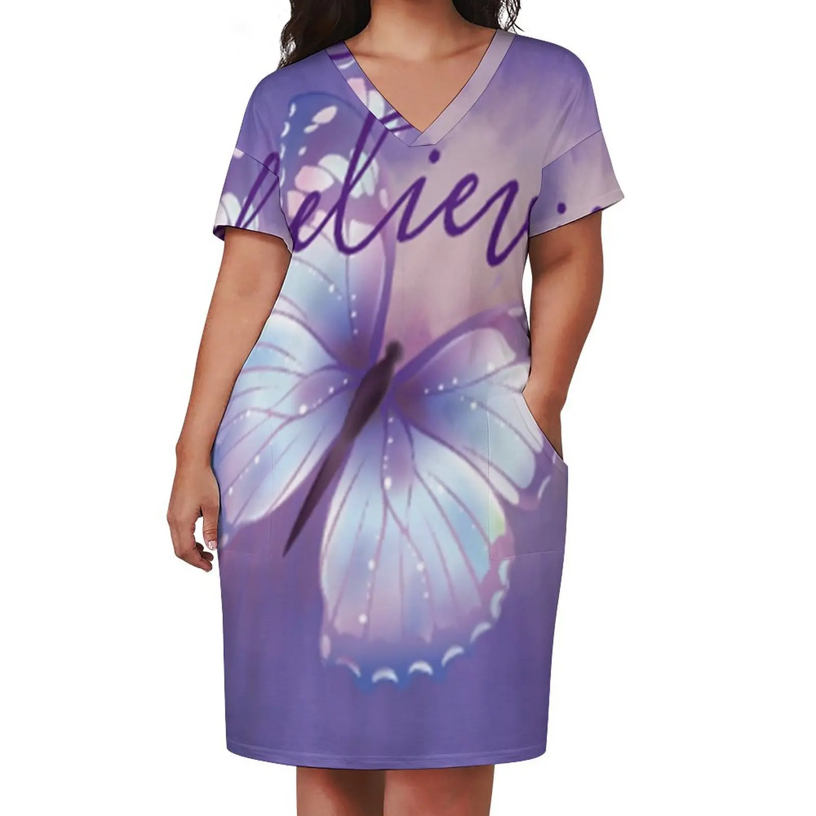 Believe ~ Purple Pastel Butterfly Loose Pocket Dress Dress women women dress summer daily for pregnant women