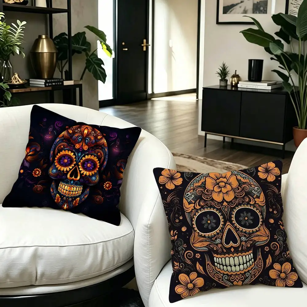 Spooky Halloween Colorful Sugar Skull Printed Cushion Cover Pillowcase Upholstery Sofa Throw Pillow Home Decor Pillowcas