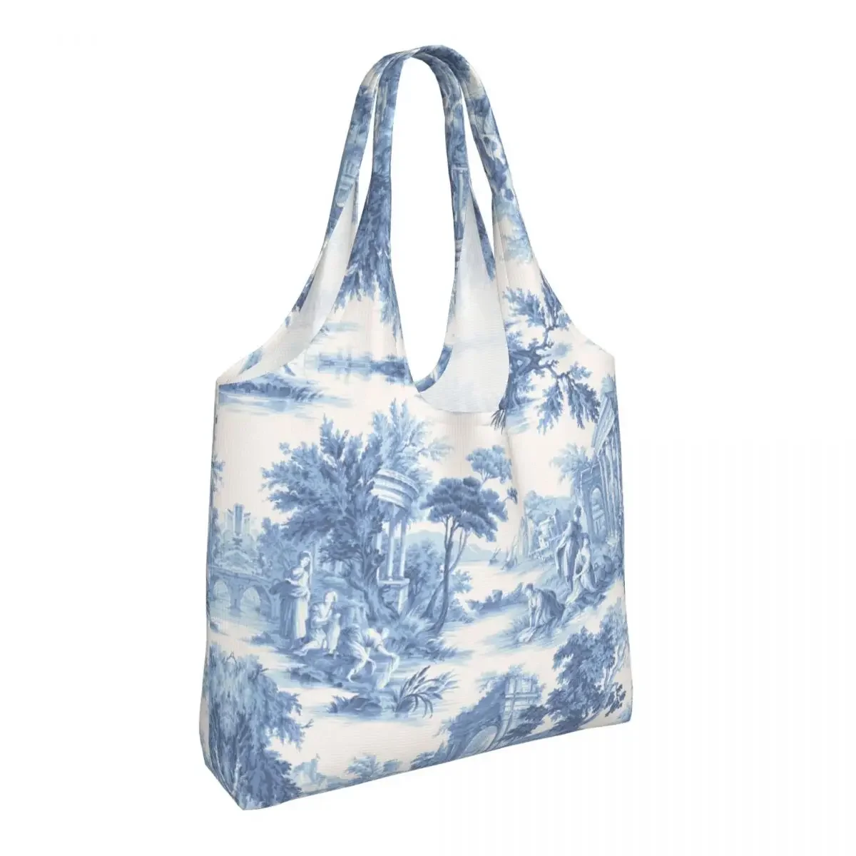 Custom French Toile De Jouy Navy Blue Motif Groceries Shopping Bag Canvas Shopper Tote Shoulder Bags Capacity Washable Handbag