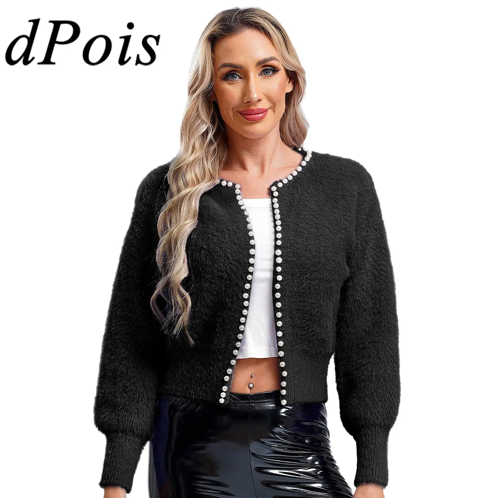 Women Coats Faux Fur And Faux Pearls-edged Lantern Sleeve Loose Tops Coat Cardigan for Daily Wear Party Spring Autumn Outerwear