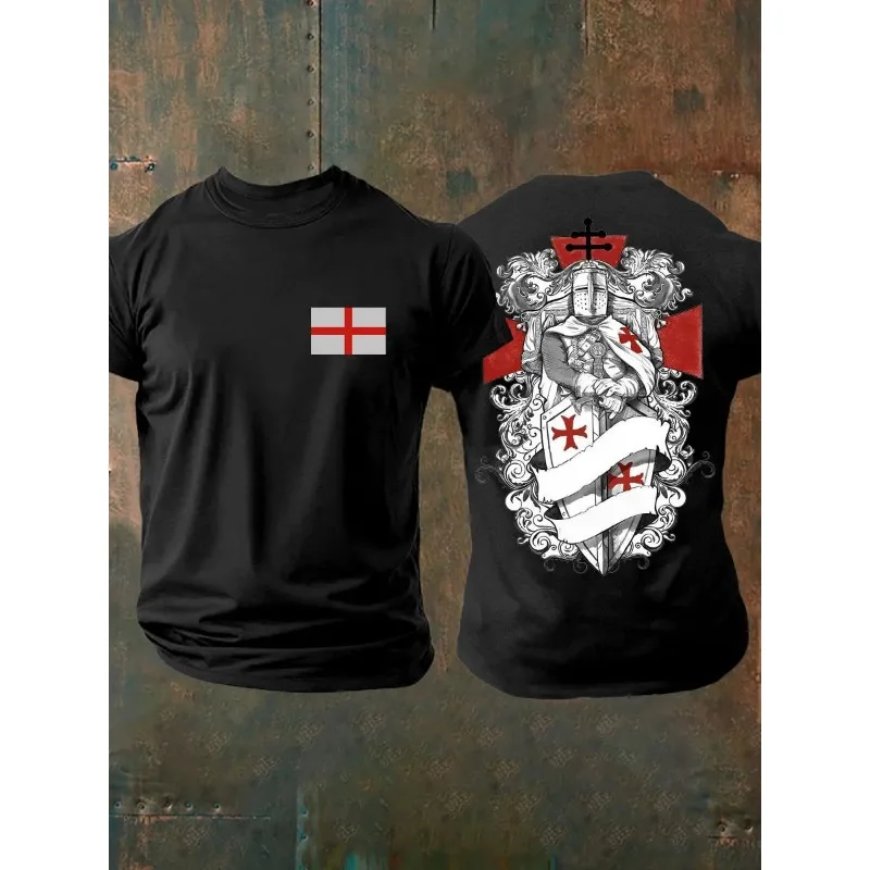 Retro England Heraldic Crusader Knight 3D Print Short Sleeve Tee Cross Graphic Unisex Casual Fan Supporter T‑Shirt for Men Women