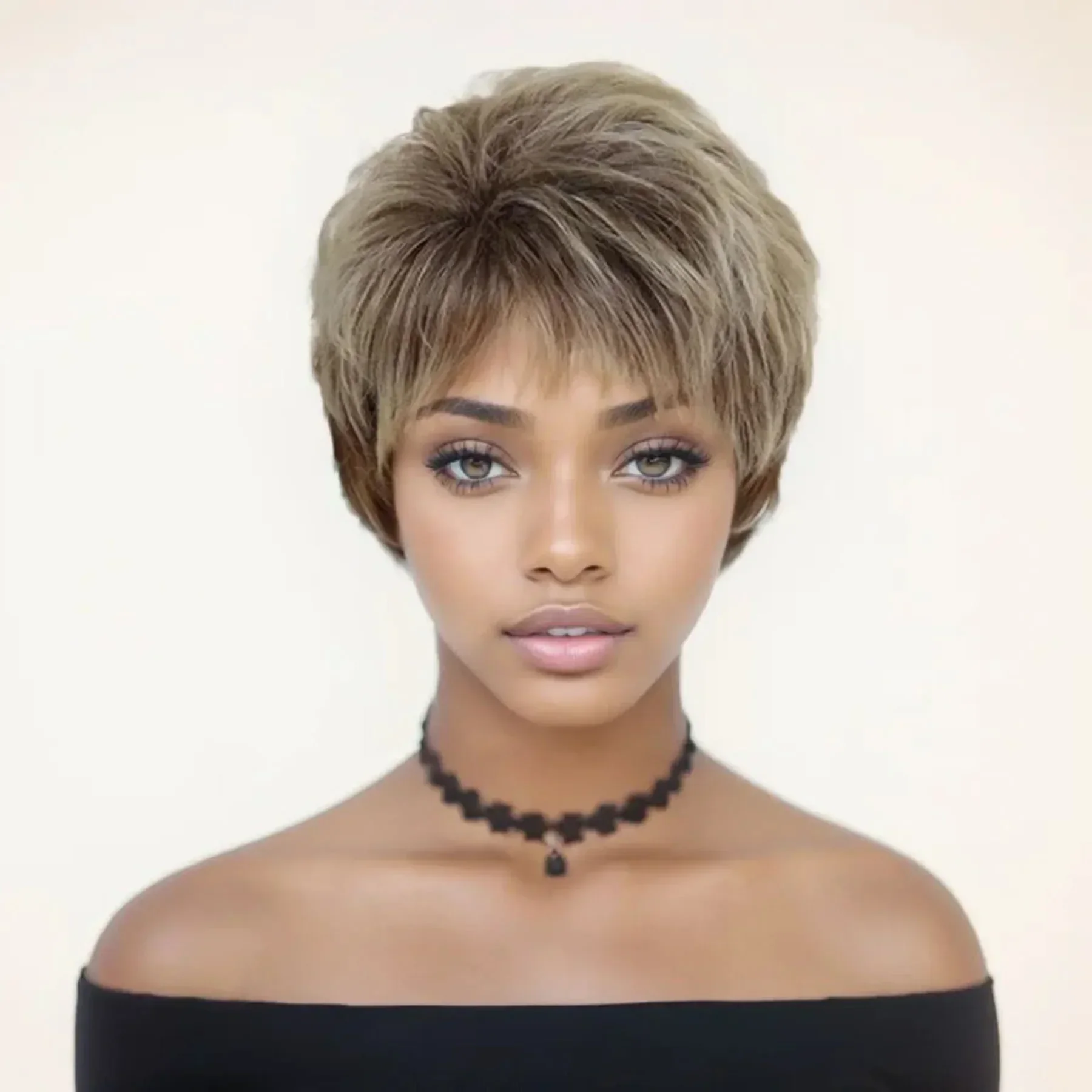 Synthetic Ombre Blonde Wigs for Women Short Hair Mom Wig with Bangs Brown Mixed Blond Pixie Cut Wigs Mother Grandma Gift Costume