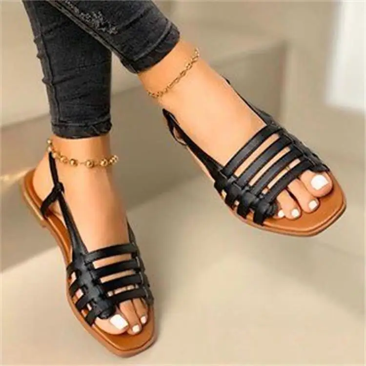 

New Summer Women Sandals Hollow Flat Black Roman Slip-On Back Strap Sandals Open Toe Casual Beach Ladies Shoes Outdoor Sandals