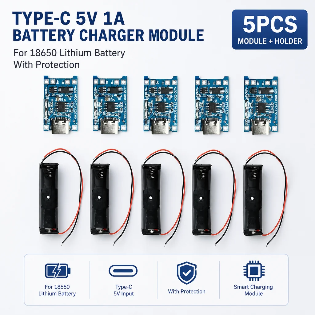 TC4056 18650 Battery Charger Module Type C Port 5V 1A Input With Battery Seat And Safety Protection Circuit