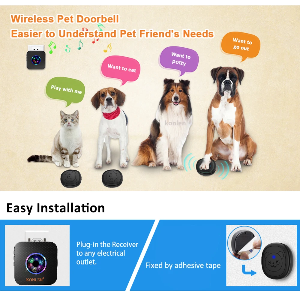 Smart Dog Doorbell Wireless for Potty Training Doggie Food Chime Door Bell Touch Button for Pet Puppy Ring to Go Outside KONLEN