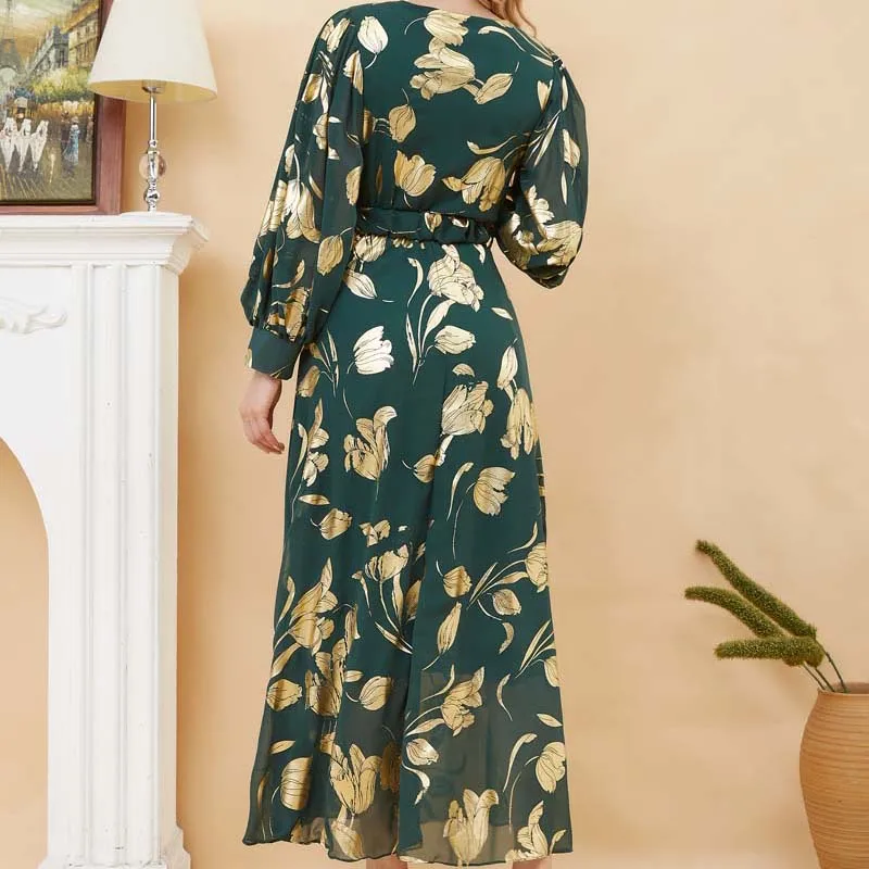 Women Floral Dress Bronzing Retro Muslim Abaya Elegant Maxi Vestidos Islamic Long Dresses for Woman Muslimah Turkey Dubai Robe