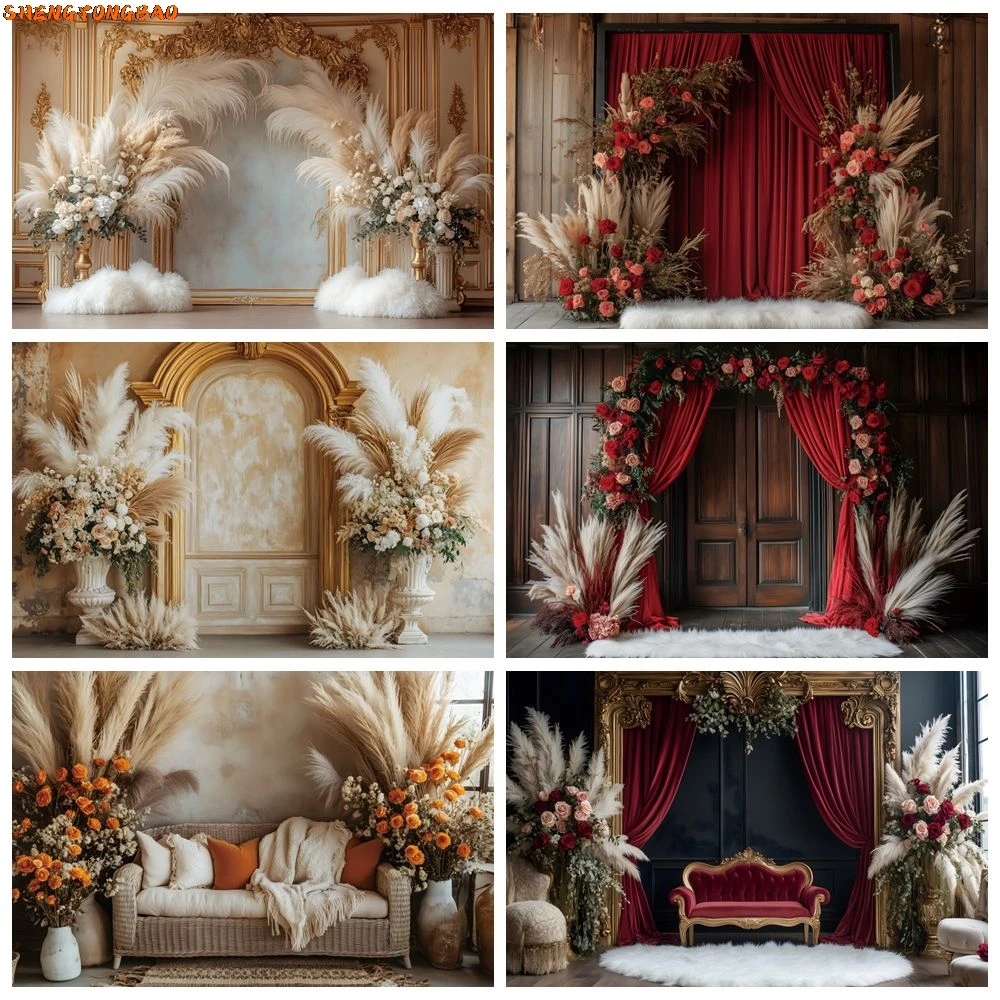 

Boho Style Backdrop for Photography Pampas Floral Vintage Wall Room Birthday Decor Wedding Maternity Portrait Photo Background