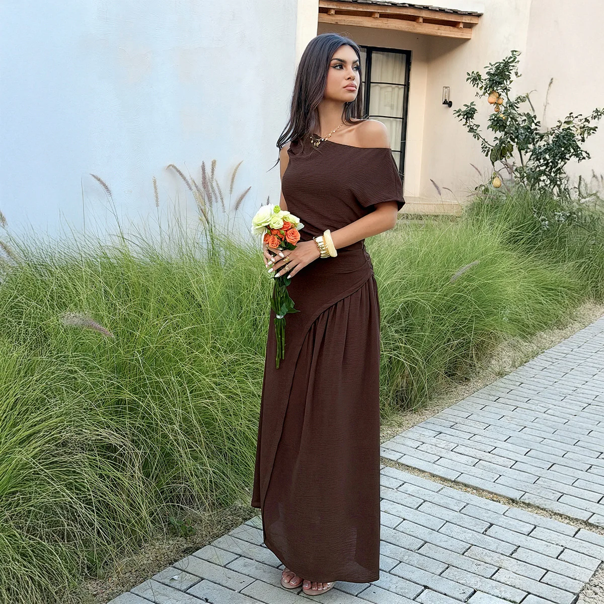 

Elegant And Casual Off-shoulder Waist-cinching Dress For Women, Spring/summer 2026 Summer Long Dress Femme Bandage Y2k、 Lace
