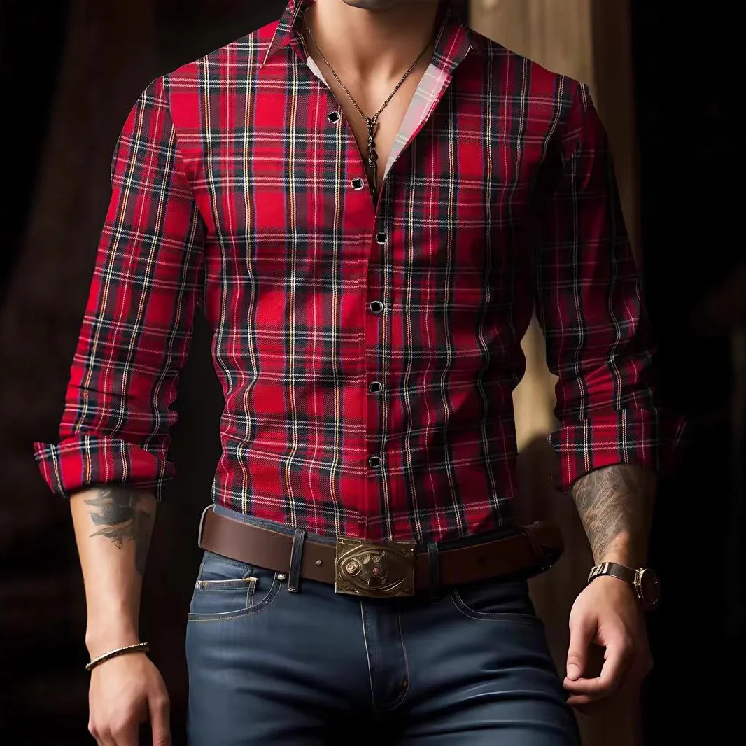 

Retro Plaid Long-sleeved Shirt Men's Spring And Autumn Casual Versatile 3D Digital Printing Four-sided Elastic Shirt