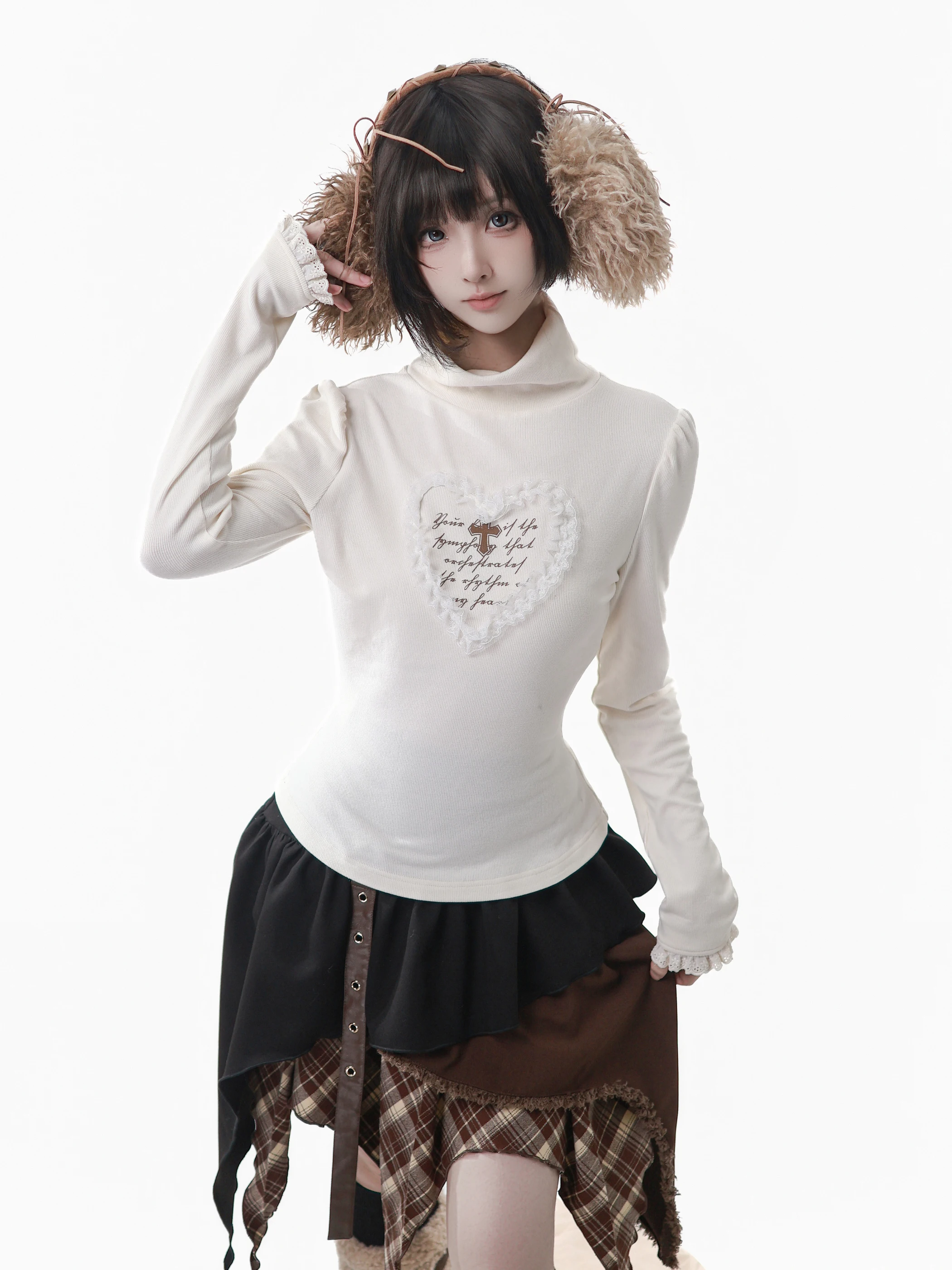 Original Punk Winter Warm Plush Jacket College Style Student Sweet Cool Fashion Faux Fur Coat Irregular Skirt Top Leg Warmers