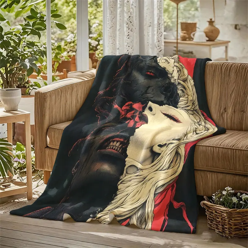 Split Demon Beauty Flannel Blanket Perfect for Sofa Office Bed Travel Sleep Read Relax Camping Four Season Use