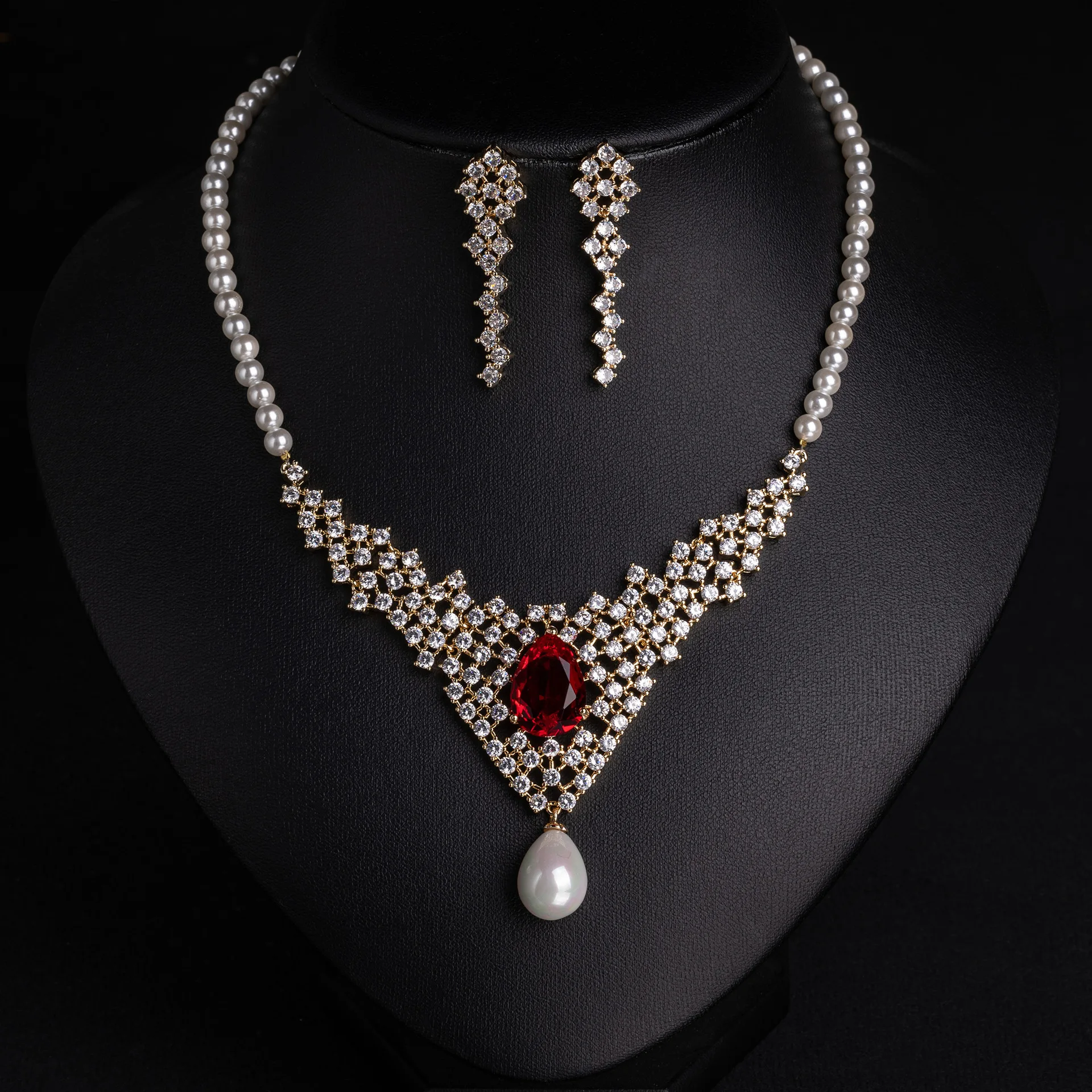 

Fashion Water Drop Cubic Zirconia Pearl Necklace Earrings Set Luxury Delicate Fine Jewelry Formal Banquet Party Ornaments for La