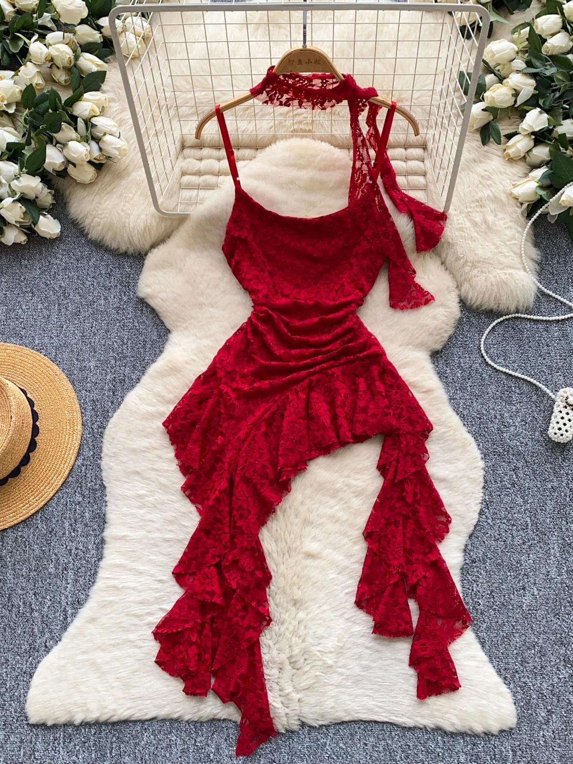 Red Lace Halter Vest Women's Summer Slimming Commute Top Irregular Hem Beautiful Outerwear Polyester Fiber Casual Daily Wear