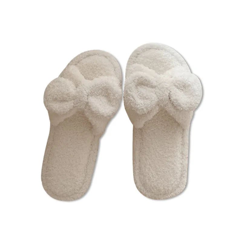 New Winter Women Sweet Bow Plush Slippers Warm Shoes Slides Cute Fuzzy Slippers Men Soft Footwear Home Cotton Shoes