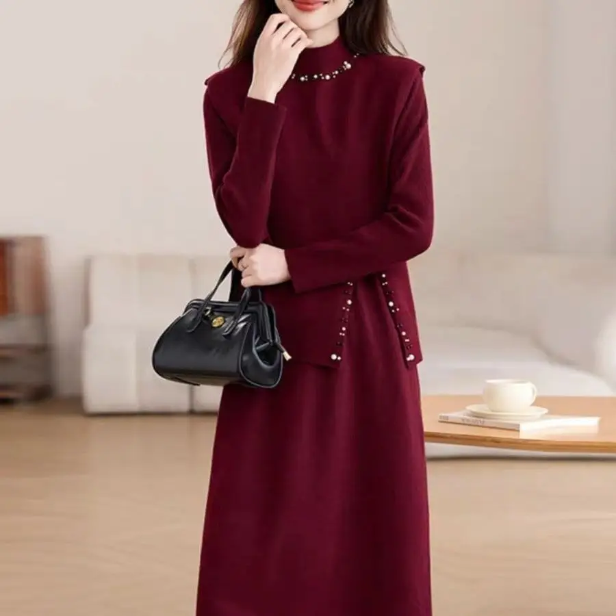 Autumn Winter Solid Knitted Sweater Dress Two-piece Set Women Vintage Sweater Dress 2025 Elegant Bodycon Party Evening Dress - view 4
