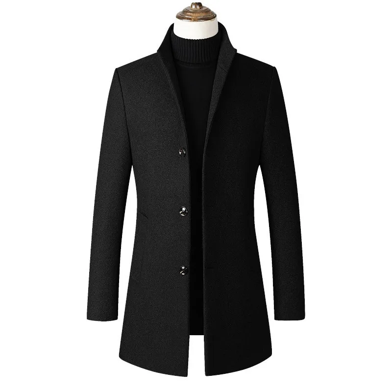 

Men's Stand Overcoat Collar Woolen Single Breasted Solid Color Simple Medium-length Outwear Windbreaker Jacket Winter Warm Coat