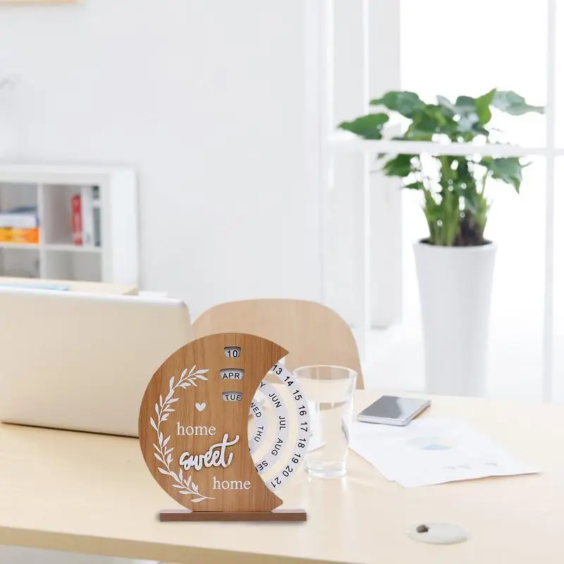 Wooden Perpetual Calendar Rotatable Time Record Card Reusable Disk Calendar Aesthetic Desk Decor Perpetual Wooden Calendar