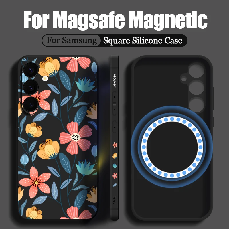 Magnetic Artificial Flowers Case For Samsung Galaxy S24 S23 S22 Ultra S21 S20 FE Lanyard Cover For Magsafe Built-in Metal Plate