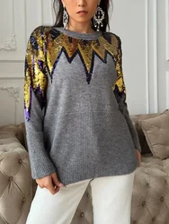 Grey Sequin Neck Geometric Graphic Sweater Jumper Sequins Colorful Jacquard Knit Pullovers Knitwear Autumn/Winter Women Outwear