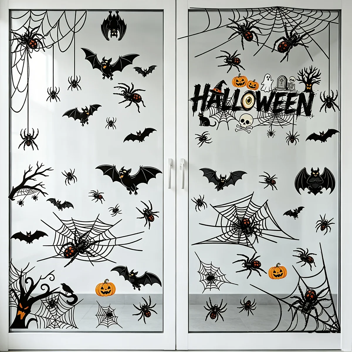 4 Sheets/49pcs Halloween Static Cling Window Stickers, Spider Bat Web Pumpkin Silhouette, Reusable Adhesive-Free Glass Decor