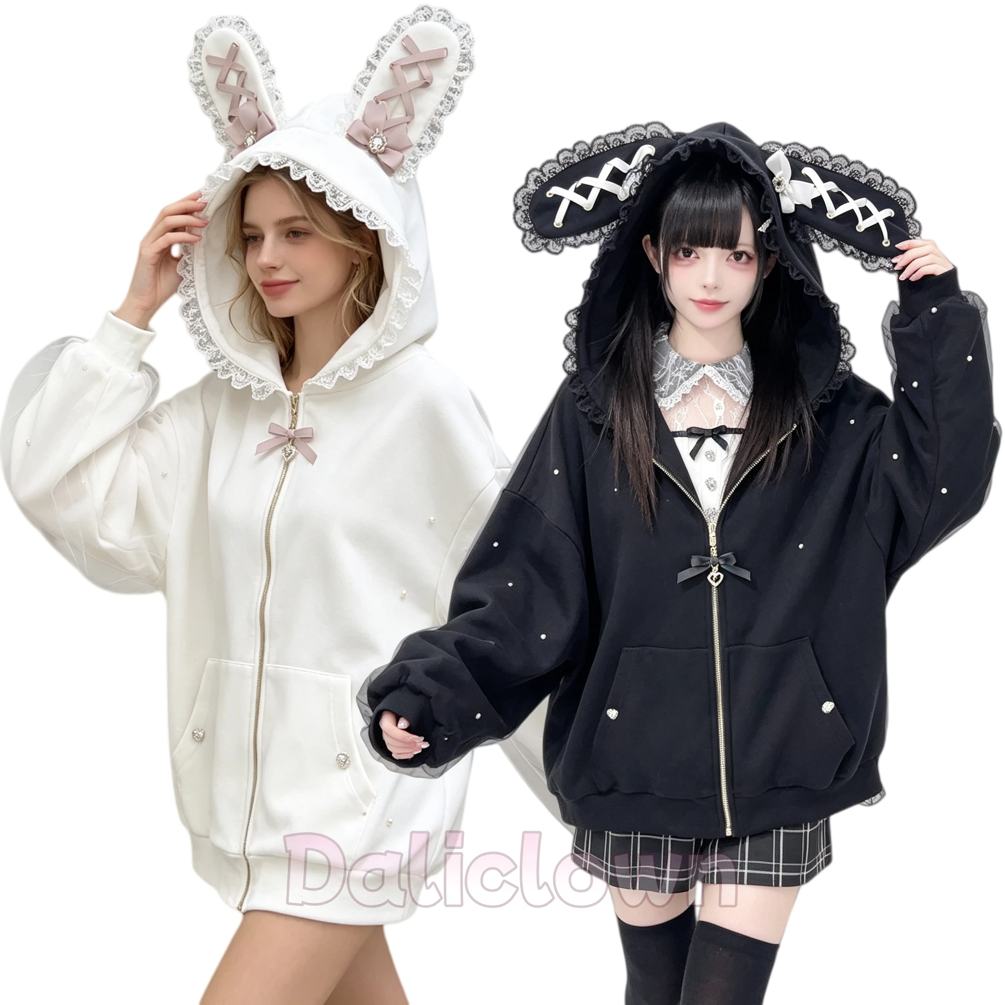 Image of Kawaii Damenmantel Jirai Kei Sweet Lolita Cosplay Y2K Niedliche Jacke im japanischen Stil Perlen-Hasenohren-Schleifen-Hoodie Elegantes Freizeit-Oberteil