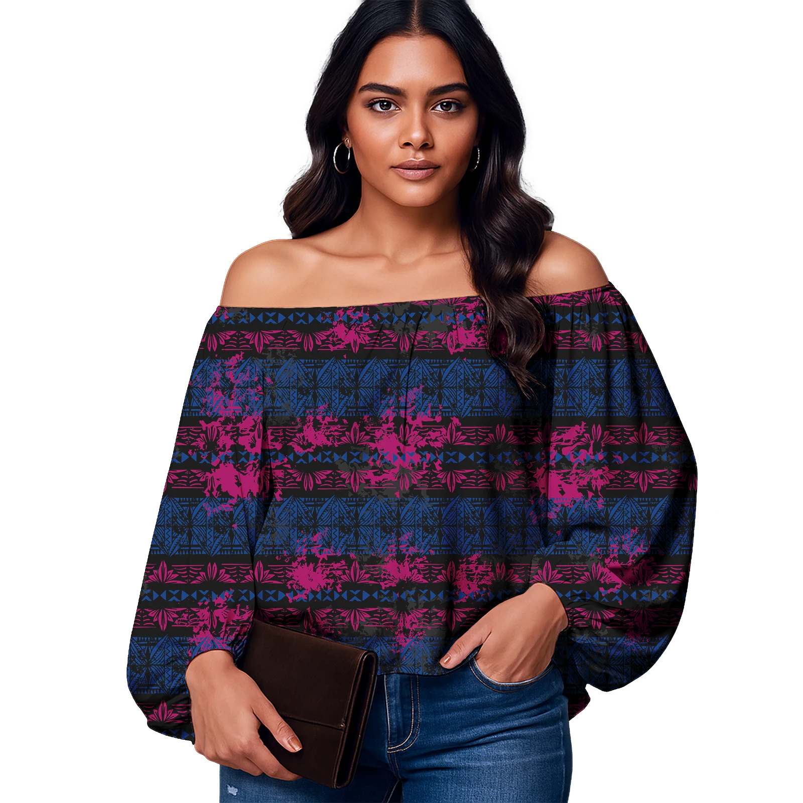 Tapa Custom Logo Lady Clothes Hawaii Beach Ladies Top Samoa One-shoulder Puff Sleeves Blouse Polynesian Tribal Design Women Tops