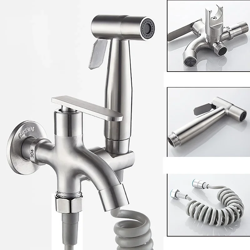 1 In 2 Out Two Way Water Tap Bathroom Faucet With Bidet Spray Holder G1/2 Interface Hose Toilet Faucets Anti-Cracking