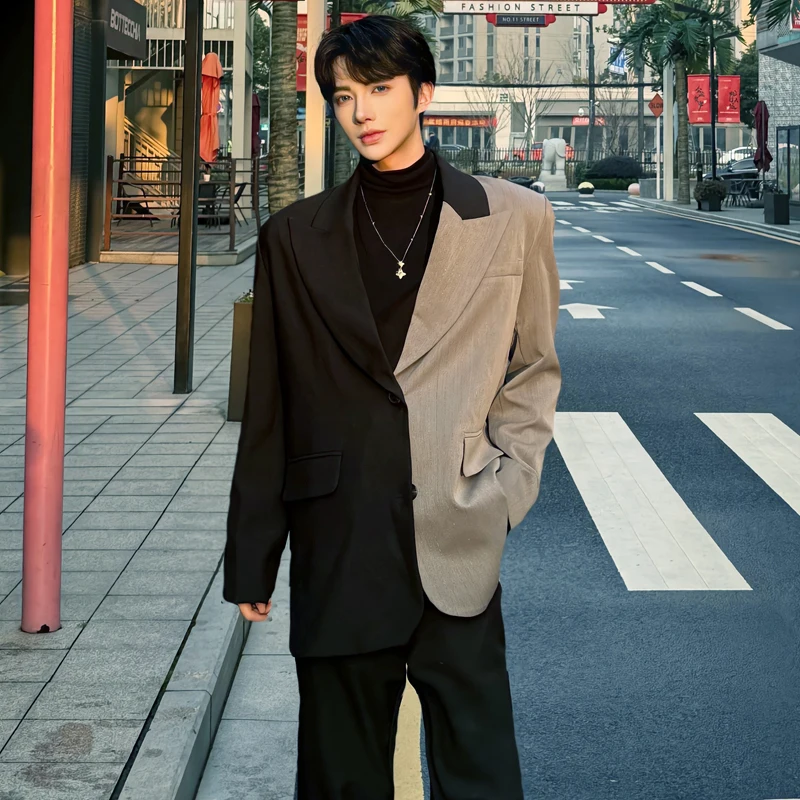 WVGA Spring Autumn New Men Tide Irregular Color Block Trendy Blazer Niche Chic Casual Shoulder Padded Suit Jacket Ins Y2K W16546