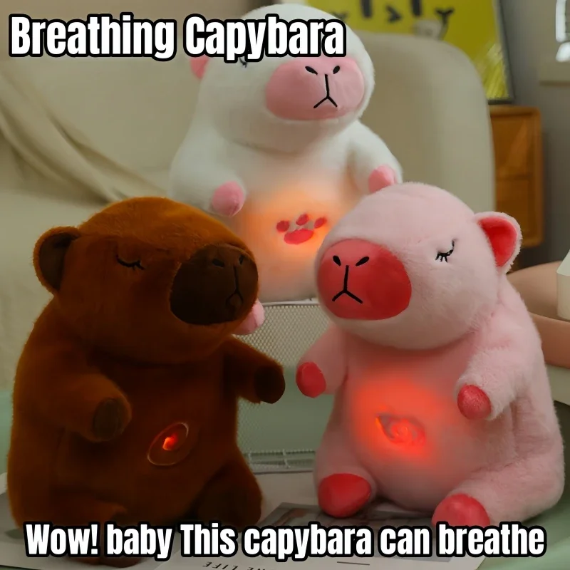 Baby Breathing Capybara Animals Plush Toys for Kids Sleeping Appease Companion Snoring Doll with Sound and Light Christmas Gifts