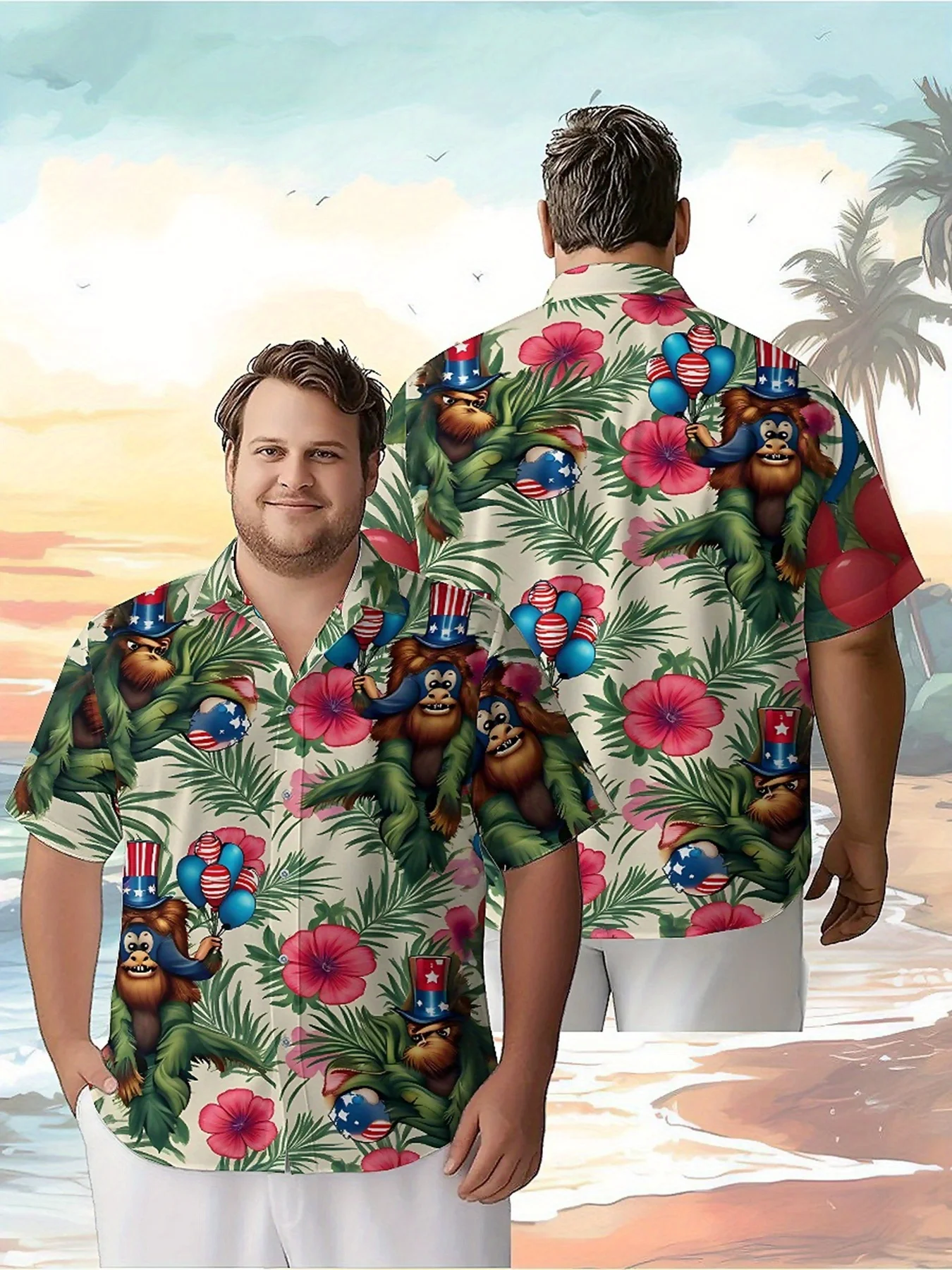 

Men's Plus Size Hawaiian Shirts US Independence Day Theme Monkey Party pattern, Button Shirts, Unisex Casual Clothes, Summer Top