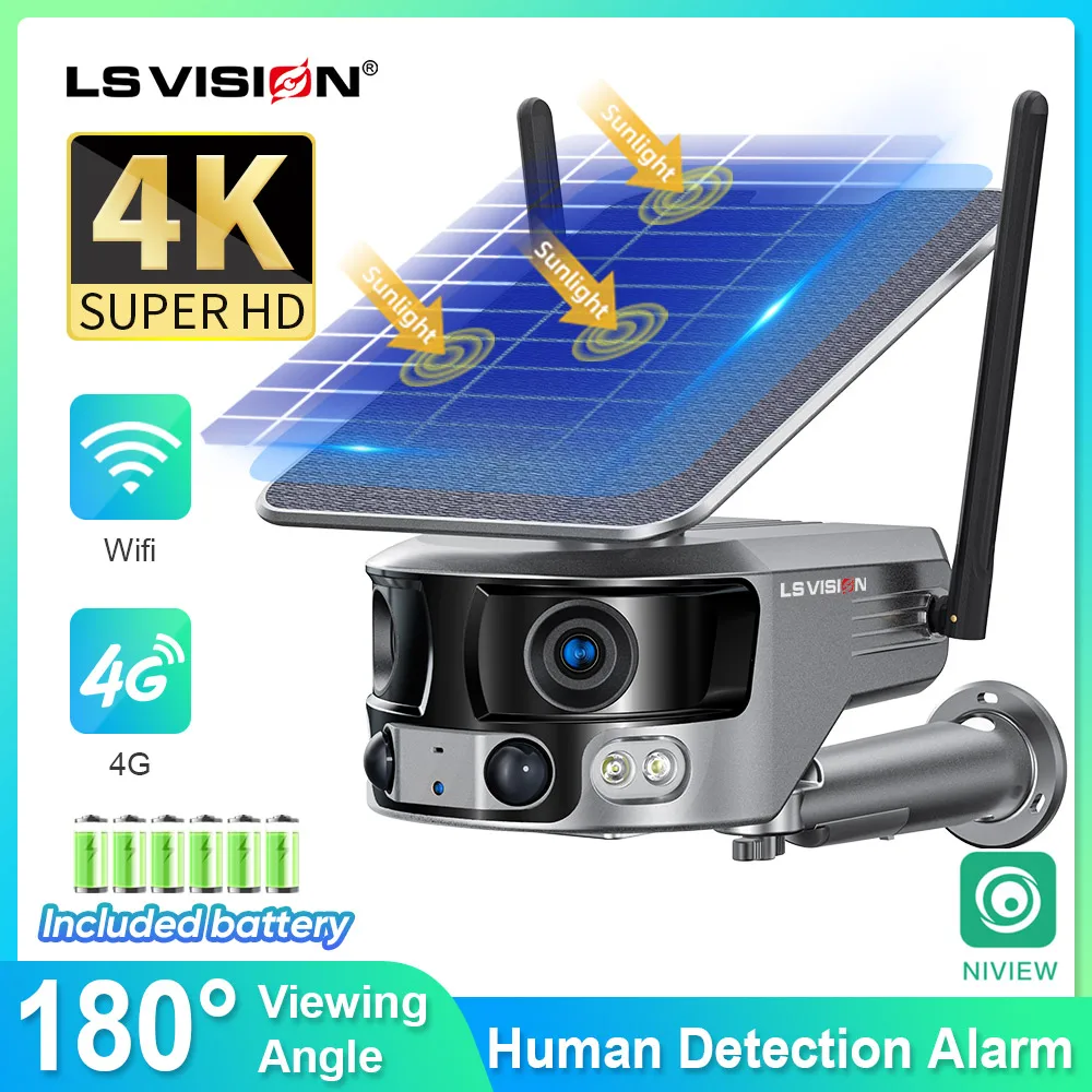 

LS VISION 4K 8MP Solar Camera Dual Lens 4G Outdoor WIFI Webam 180° Ultra Wide View PIR Human Detection Security Camera 4X Zoom