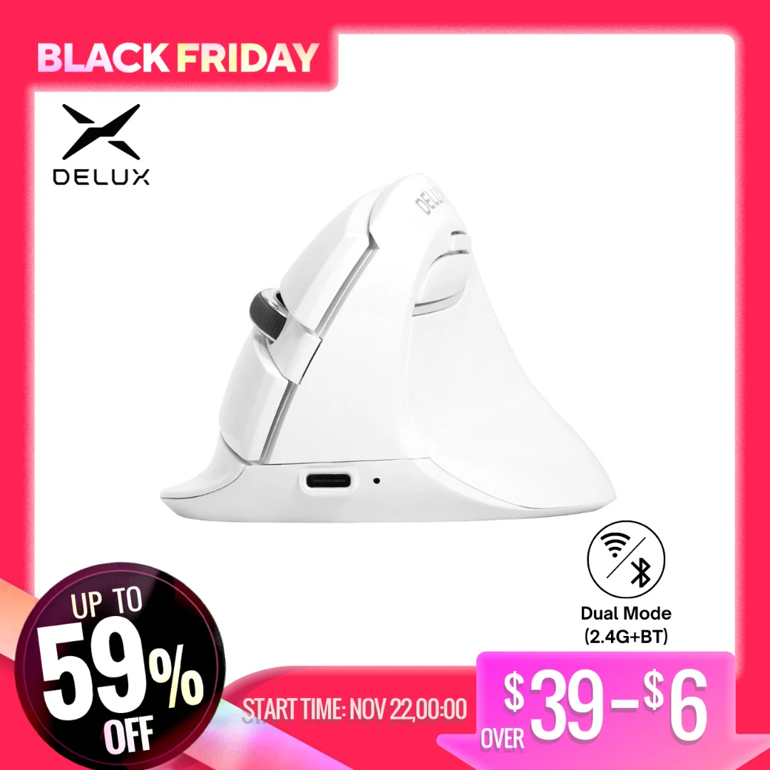 Delux M618 Mini Ergonomic Mouse Wireless Vertical Mouse White Bluetooth 2.4GHz Rechargeable Silent click Mice for Office