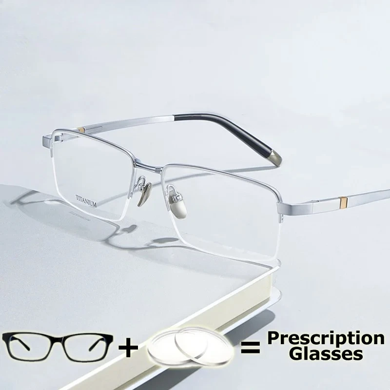 KIZN Top Quality Men Prescription Glasses Semi Rim Pure Titanium Eyewear Frame Prescription for Vision Lenses Multifocal Wide Fi
