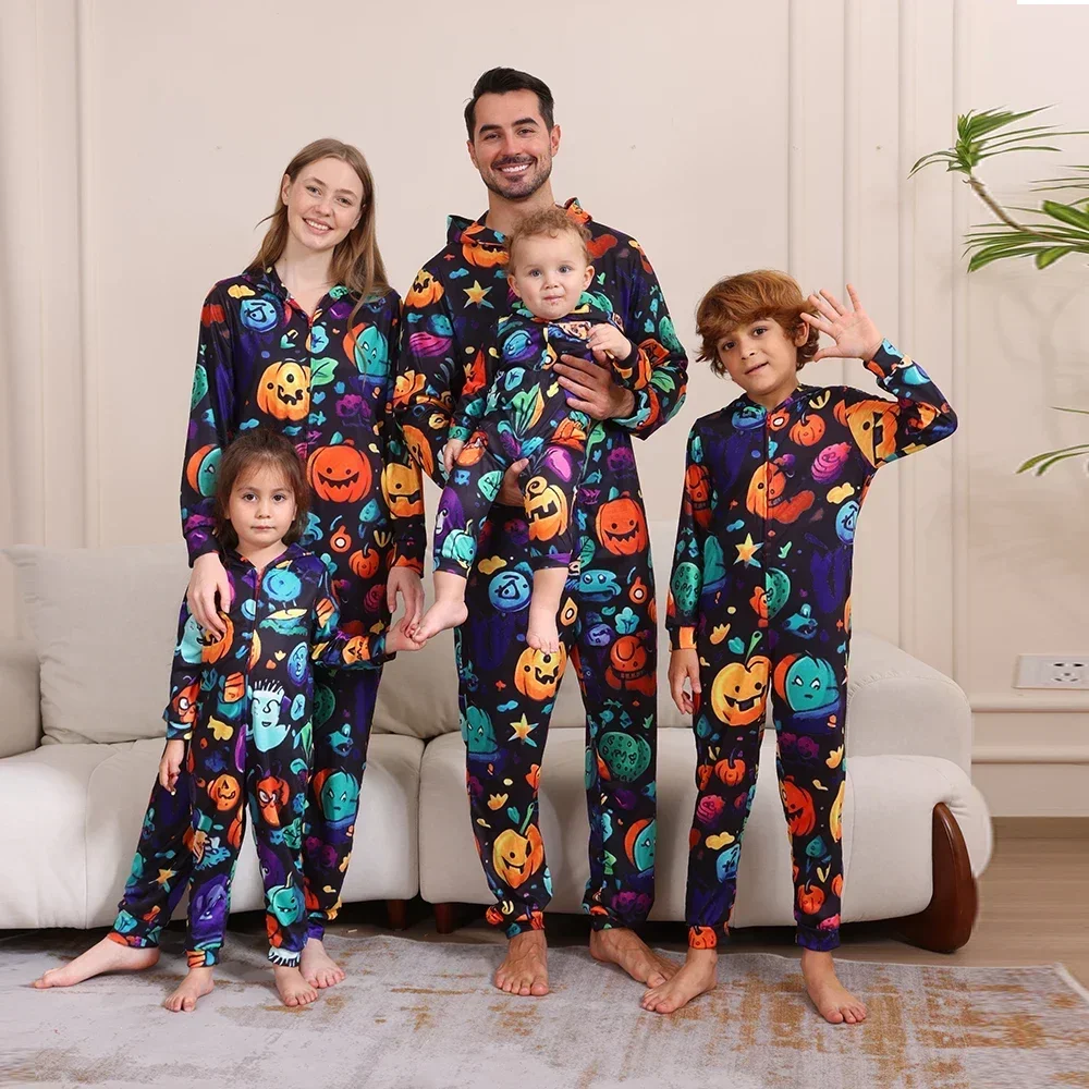 New 2024 Halloween Family Matching Outfits Pumpkin Allover Print Hooded One-Piece Suit Pajamas Zipper Romper Overalls Clothing