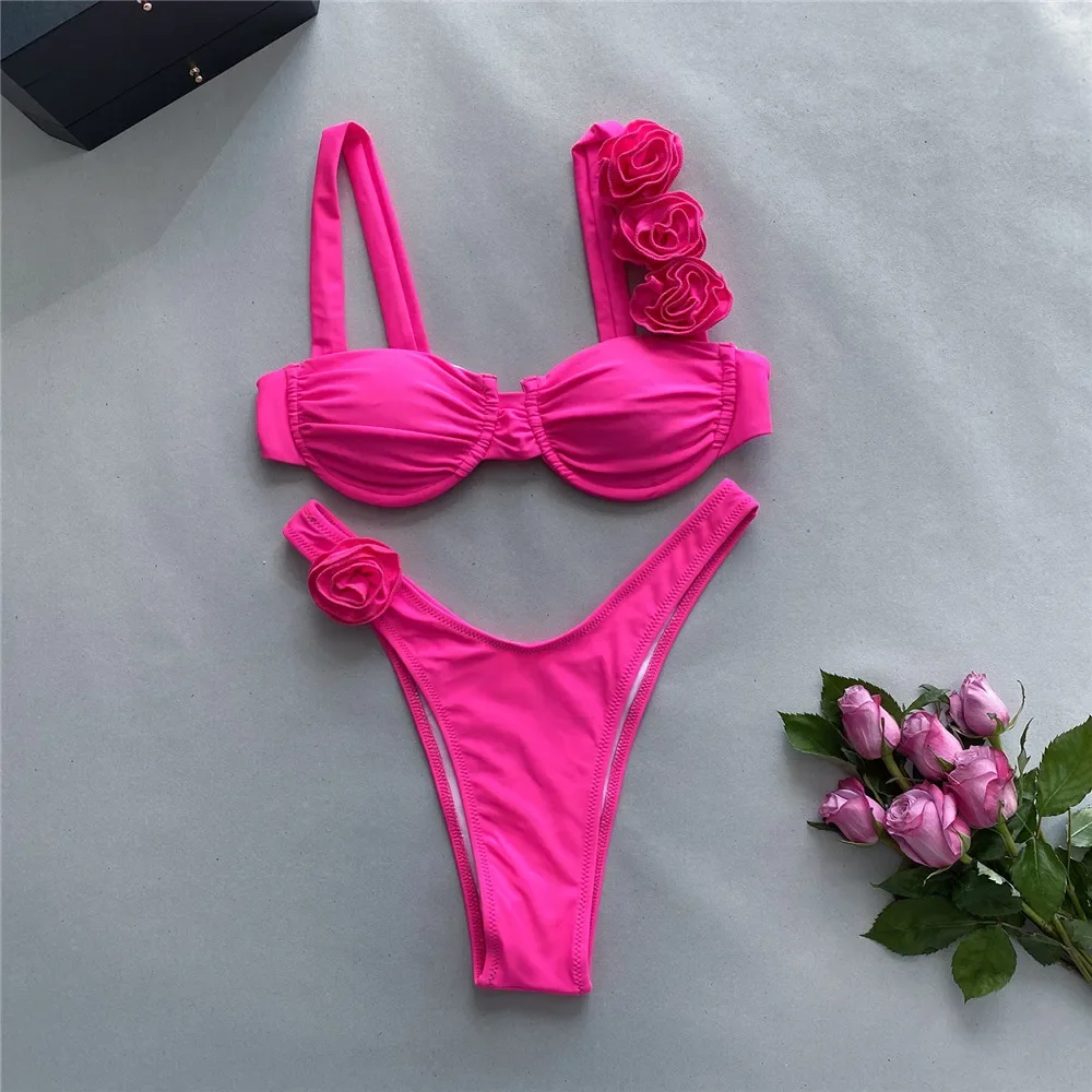 Sexy Flower Shiny Purple Swimwear Women Push Up Bikinis Set Underwired Swimsuit High Cut Bathing Suit Bather Thong Bikini 2024