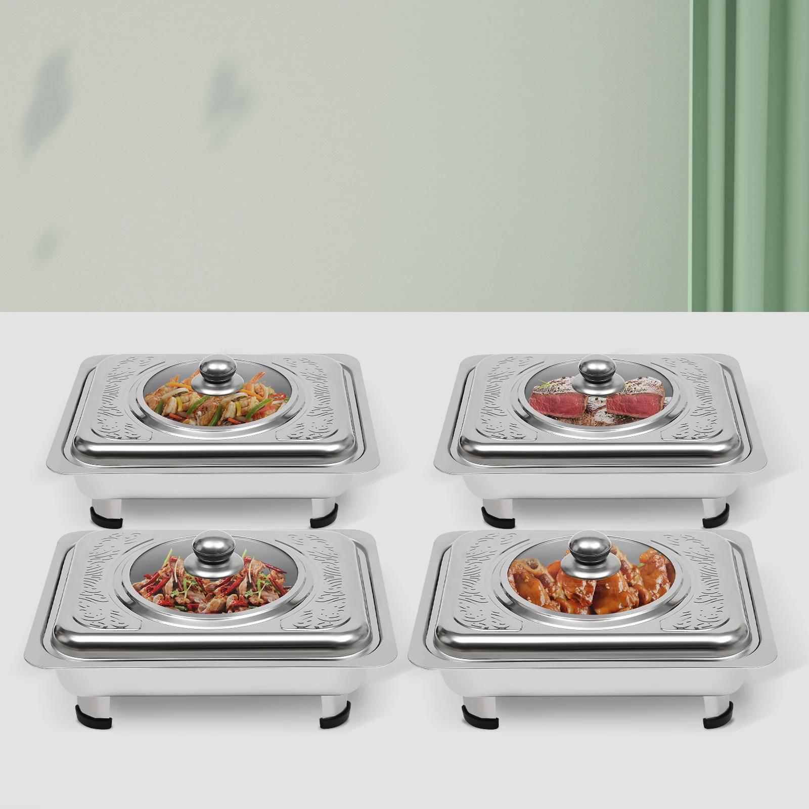 Set di 4 Vassoi Riscaldanti per Buffet con Coperchio, Contenitori Rettangolari per Mantenere il Cibo Caldo