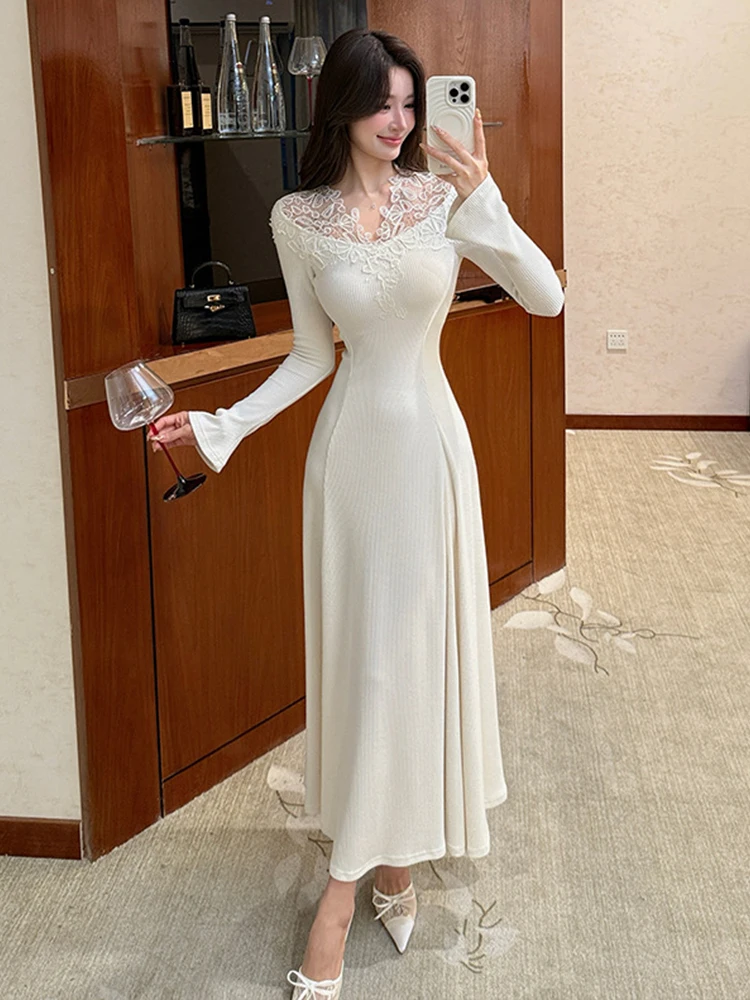 Dating Casual Women Knitted Flare Sleeve Bodycon Long Maxi Dress Lace V-Neck Slim Elegant Formal Party Evening Gown Robe Vestido