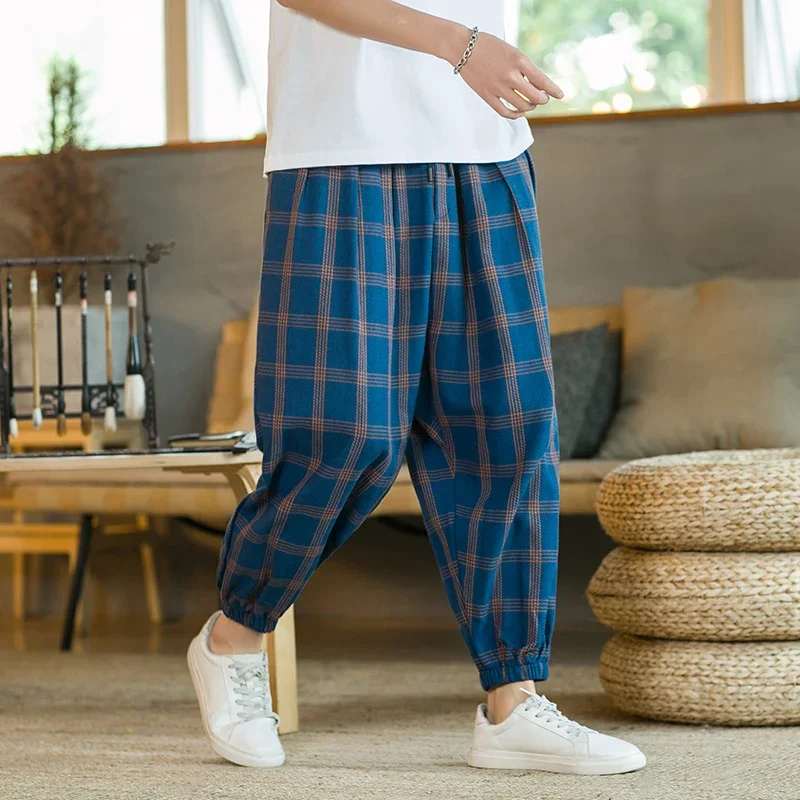 Pop Men Harajuku หลวม Harem กางเกงผู้ชายฤดูร้อน Lattice กางเกงชายหาด Joggers กางเกงชายวินเทจสไตล์จีนกางเกง