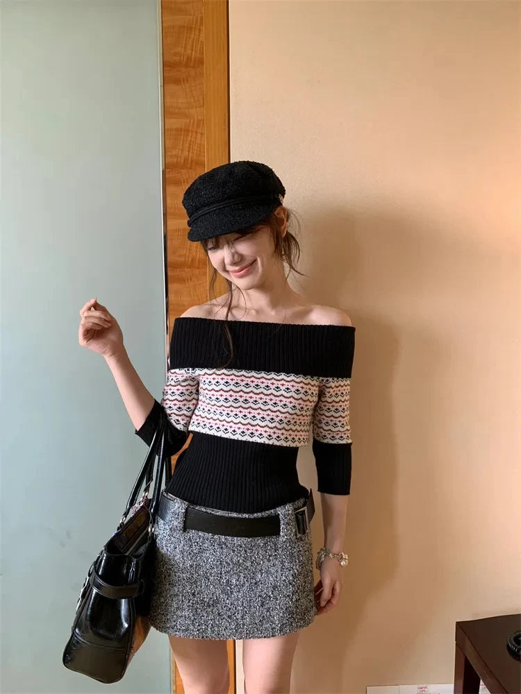 بلوفرات نسائية مخططة بألوان متباينة سترة نسائية مخططة بقصة ضيقة ورقبة مائلة محبوكة سترة علوية Sueter Mujer