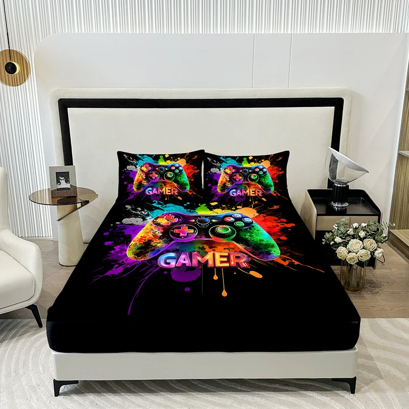 3PC Oil Color Game Console Bed Sheet, 1 fitted Sheet+2 Pillowcases, Digital Printing Technology, Comfortable and Soft Fabric