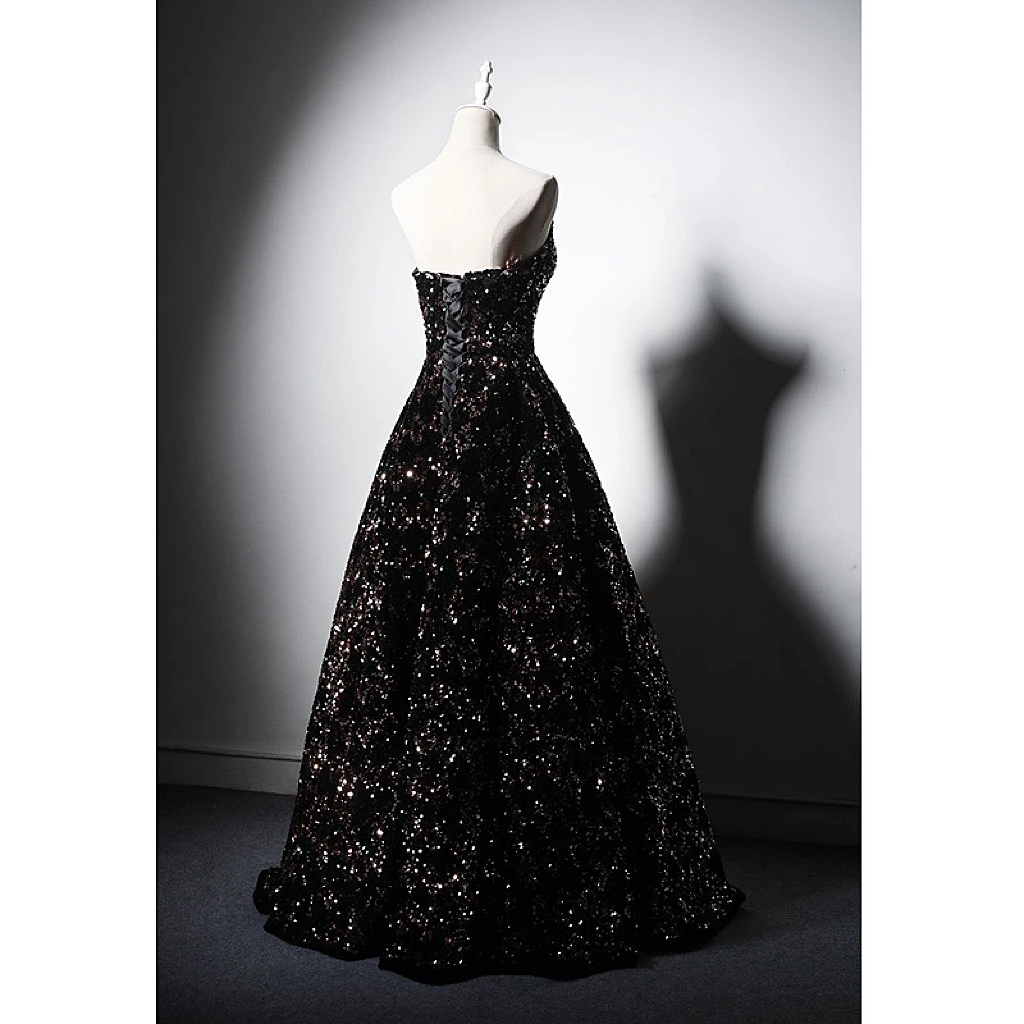 Vestido de noche negro brillante sin tirantes, vestidos de lentejuelas de lujo, línea A, longitud hasta el suelo, fiesta de boda, banquete, baile de graduación, 2023